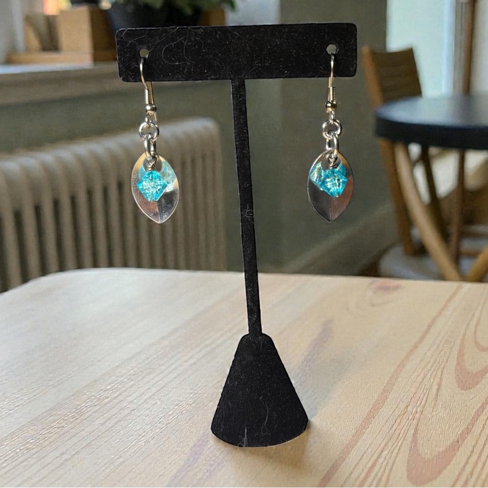 Chainmail Silver Scale Blue Glass Bead Dangle Earrings
